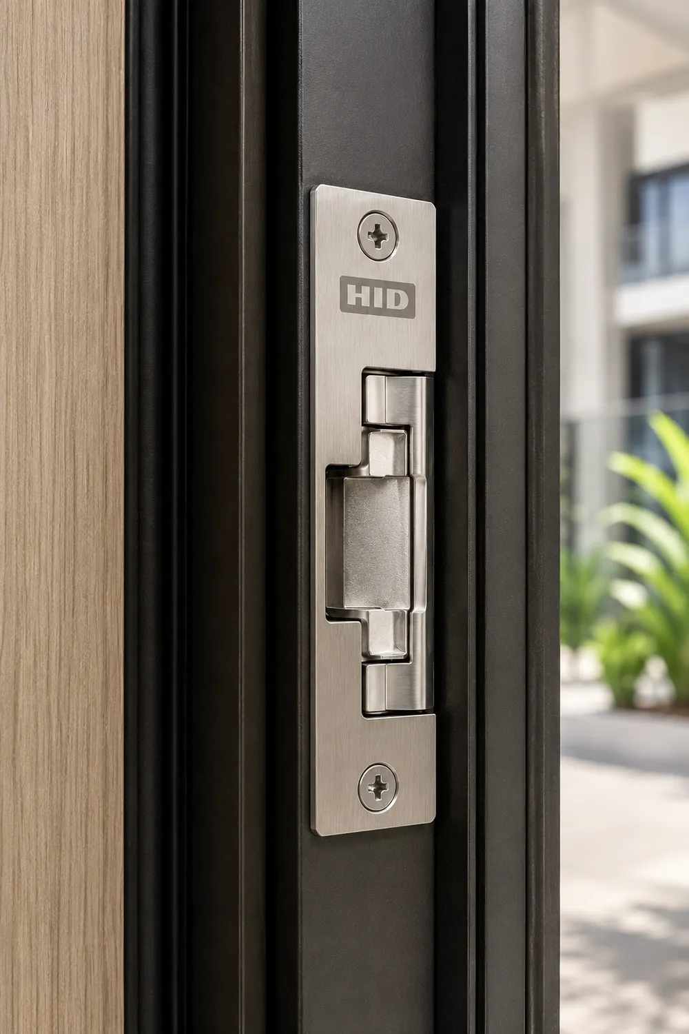Rendering of an electric strike installed in a commercial door frame