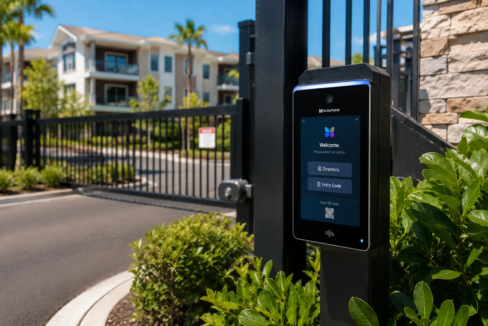 Rendering of a video intercom pedestal at a gated multi-family community