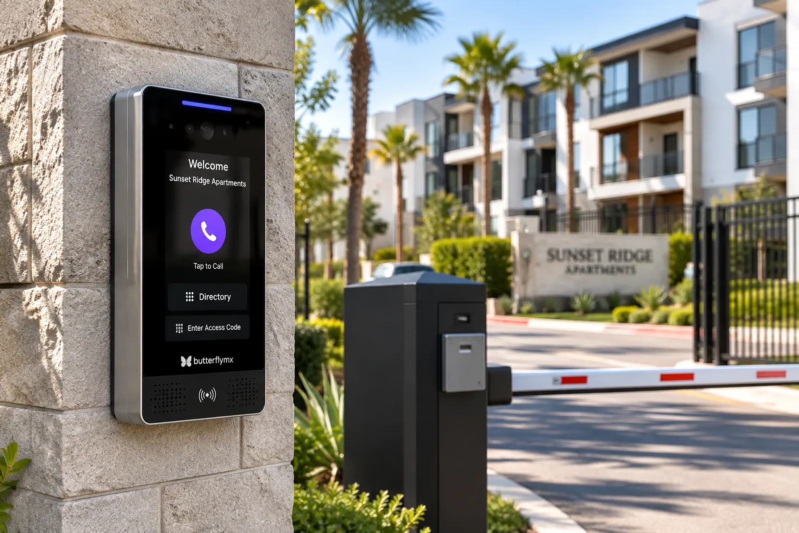Rendering of a video intercom at a gated apartment entrance with a barrier arm